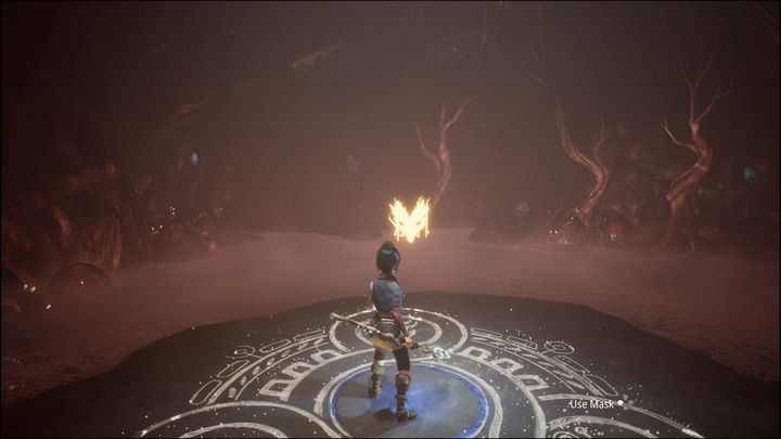 Po wejściu do środka wieży, wejdźcie na malunek i skorzystajcie z maski - Kena Bridge of Spirits: Help the Woodsmith - solucja, opis przejścia - Kena Bridge of Spirits - poradnik do gry