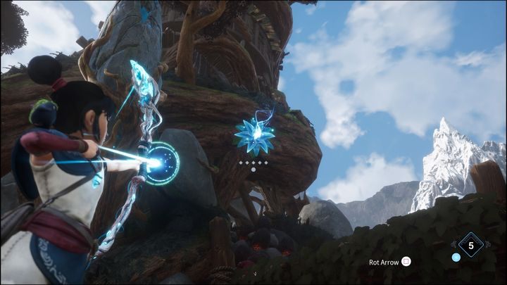 Rzućcie bombą w skały, wejdźcie po nich, następnie skierujcie strzałę w kwiat, aby się przyciągnąć - Kena Bridge of Spirits: Adiras Love - solucja, opis przejścia - Kena Bridge of Spirits - poradnik do gry