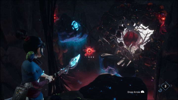 Po uformowaniu się platform, strzelcie szybko w kryształ, znajdujący się po lewej stronie, a potem skoczcie na platformy, oczyszczając trzy kwiaty mniejsze kwiaty, aby zdobyć dostęp do oczyszczenia głównego kwiatu po prawej stronie - Kena Bridge of Spirits: Adiras Love - solucja, opis przejścia - Kena Bridge of Spirits - poradnik do gry