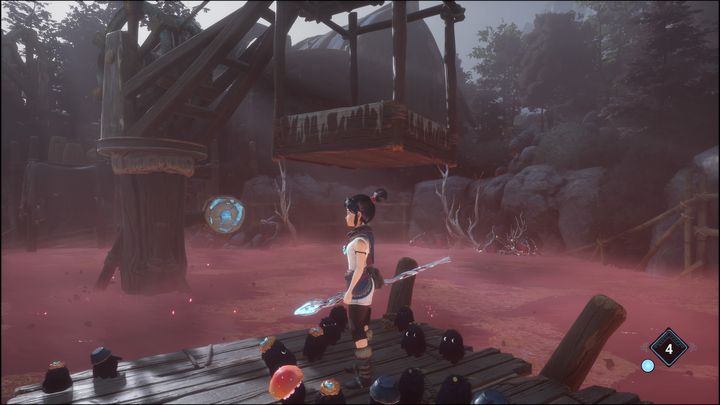 Wykonajcie strzał z łuku w stronę tarczy z niebieskim kryształem, aby aktywować platformę - Kena Bridge of Spirits: Adiras Love - solucja, opis przejścia - Kena Bridge of Spirits - poradnik do gry