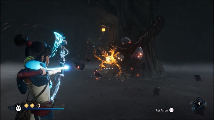 Będziecie musieli walczyć głównie z golemami, w których trzeba najpierw rzucić bombą, a następnie naładować broń i wystrzelić strzałę w sam środek żółtego punktu - Kena Bridge of Spirits: Adiras Fear - solucja, opis przejścia - Kena Bridge of Spirits - poradnik do gry