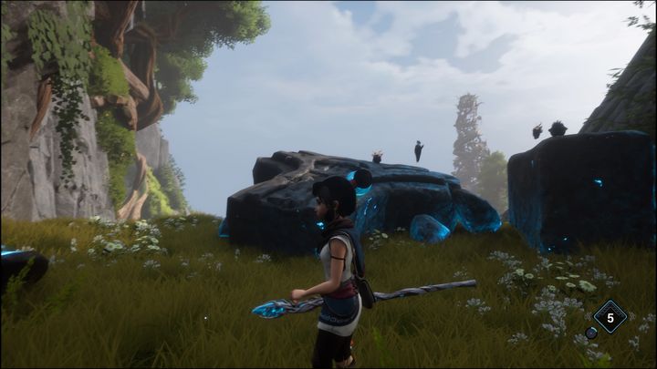 Wychodząc z drugiej strony jaskini na powierzchnię, zobaczycie połyskujące na niebiesko konstrukcje z kamienia - Kena Bridge of Spirits: Adiras Fear - solucja, opis przejścia - Kena Bridge of Spirits - poradnik do gry