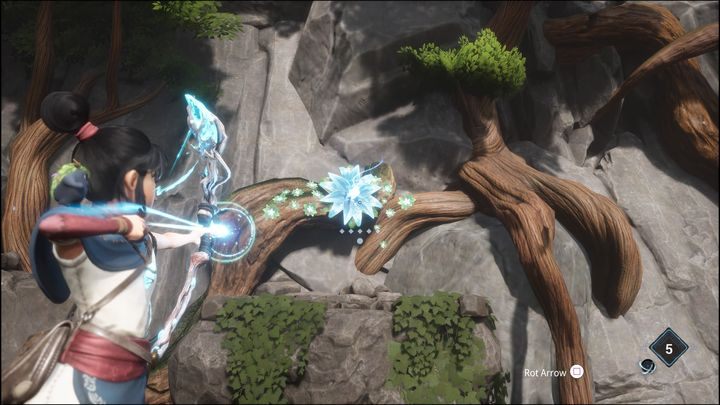 Skacząc po platformach, wystrzelcie szybko strzałę w stronę niebieskiego kwiatu - Kena Bridge of Spirits: Adiras Fear - solucja, opis przejścia - Kena Bridge of Spirits - poradnik do gry