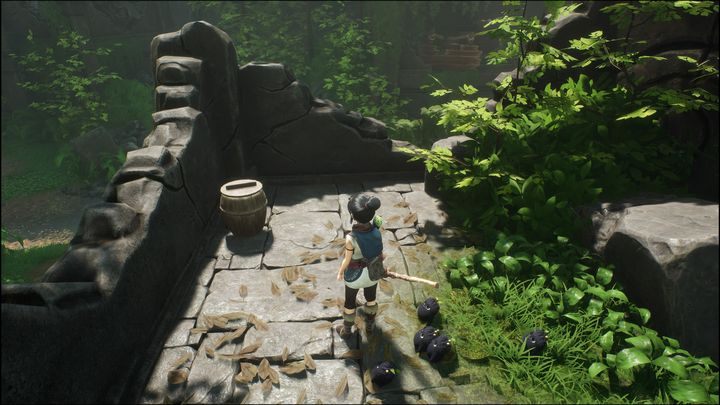 Na górze zobaczycie drewnianą beczkę, w której znajdziecie walutę potrzebną do wykupowania czapek - Kena Bridge of Spirits: Tutorial - solucja, opis przejścia - Kena Bridge of Spirits - poradnik do gry