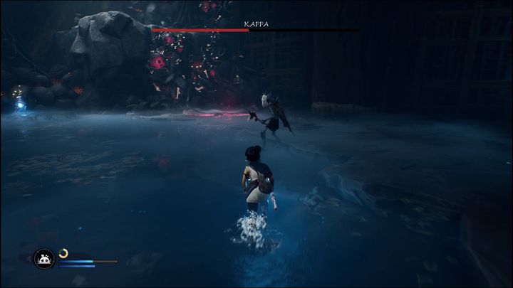 Gdy jego zdrowie spadnie poniżej połowy, może on przeteleportować się na wzniesienie, z którego będzie ostrzeliwać Was wieloma pociskami - Kena Bridge of Spirits: Kappa - boss, jak pokonać? - Kena Bridge of Spirits - poradnik do gry