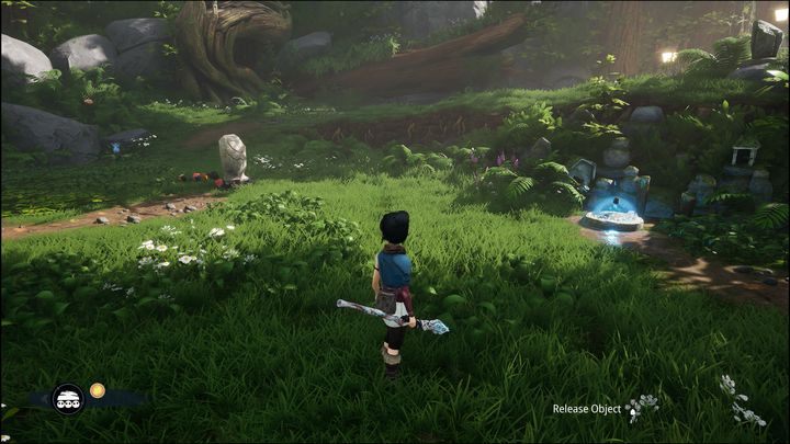 Zanim przejdziecie dalej, cofnijcie się i umieśćcie rzeźbę po lewej stronie, na platformę, która świeci się na niebiesko - Kena Bridge of Spirits: Find Rusu - solucja, opis przejścia - Kena Bridge of Spirits - poradnik do gry