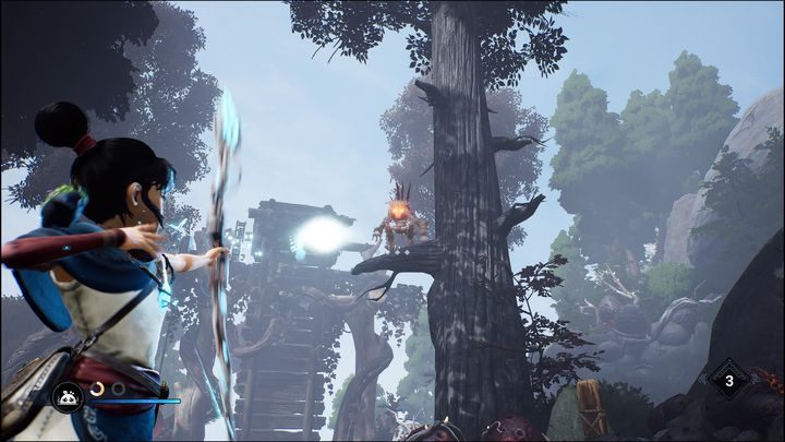 Po zjechaniu na dół, zauważycie na drzewie małpiego przeciwnika, który będzie wrogo nastawiony do Was - Kena Bridge of Spirits: Taros Fear - solucja, opis przejścia - Kena Bridge of Spirits - poradnik do gry