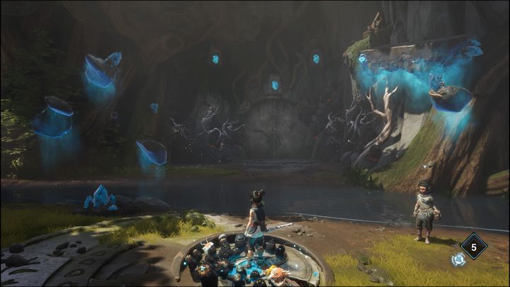 Aby otworzyć przejście musicie najpierw aktywować z lewej i prawej strony platformy, za pomocą bomby - Kena Bridge of Spirits: Adiras Regret - solucja, opis przejścia - Kena Bridge of Spirits - poradnik do gry