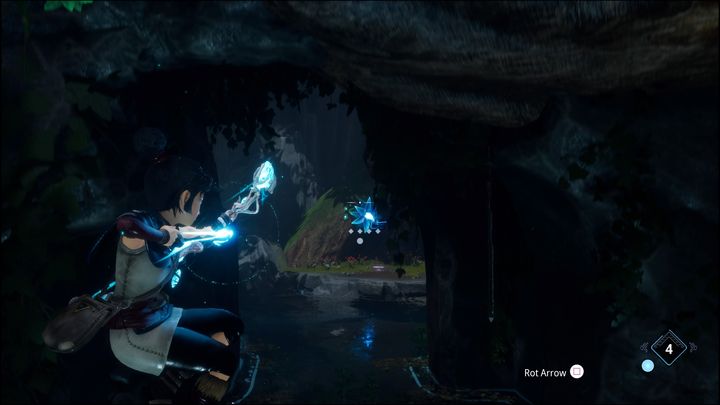 Opadając, strzelcie w drugi kwiat, aby dostać się na ląd, zyskując kolejnego Rot do kolekcji - Kena Bridge of Spirits: Adiras Regret - solucja, opis przejścia - Kena Bridge of Spirits - poradnik do gry