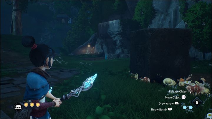 Jeśli chcecie dowiedzieć się tego na własną rękę, najpierw należy przenieść w jaskini duży blok, w miejsce wskazane na ekranie - Kena Bridge of Spirits: Warrior Path - solucja, opis przejścia - Kena Bridge of Spirits - poradnik do gry