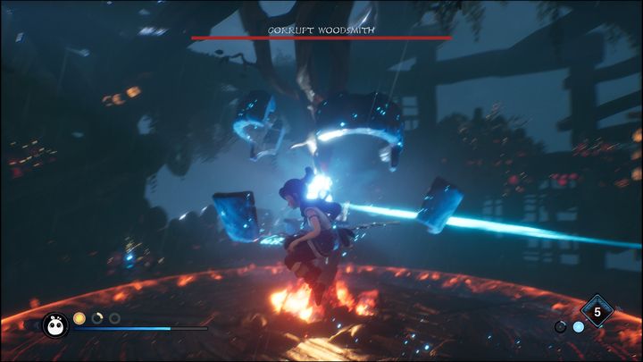 Aby osłabić bossa i sprawić, że będzie podatny na wszelkie ataki, musicie najpierw wystrzelić w stronę kryształu bombę, a następnie ją aktywować za pomocą strzały bądź Pulse - Kena Bridge of Spirits: Corrupt Woodsmith - boss, jak pokonać? - Kena Bridge of Spirits - poradnik do gry