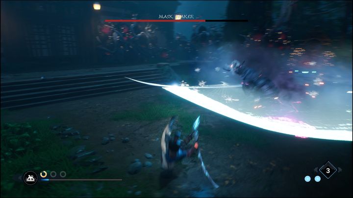 Pierwszym atakiem, który prawdopodobnie boss wykona, będzie przeteleportowanie się blisko Waszej postaci, a następnie szybkie cięcie mieczem - Kena Bridge of Spirits: Mask Maker - boss, jak pokonać? - Kena Bridge of Spirits - poradnik do gry