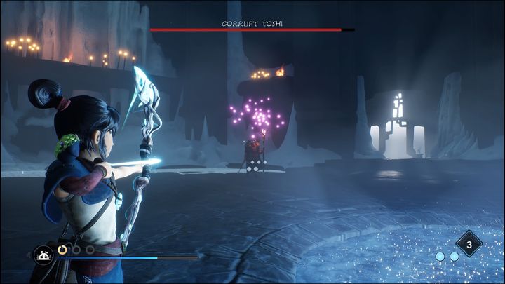 Jeśli chodzi o ataki bossa, Corrupt Toshi podnosząc swój kostur w górę, a następnie uderzając nim w ziemię, spowoduje pojawienie się bariery, która otoczy całą arenę - Kena Bridge of Spirits: Corrupt Toshi - boss, jak pokonać? - Kena Bridge of Spirits - poradnik do gry