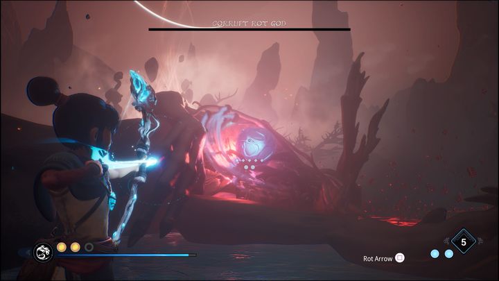 W przypadku, gdy pasek zdrowia bossa spadnie do zera, musicie oczyścić jego kwiat, który znajduje się na klatce piersiowej - Kena Bridge of Spirits: Corrupt Rot God - boss, jak pokonać? - Kena Bridge of Spirits - poradnik do gry