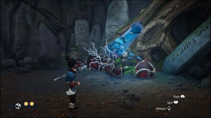 Możecie cofnąć się po prawdziwą formę Rot, aby skorzystać z niej przy zniszczeniu przeszkody, która blokuje wejście do jaskini - Kena Bridge of Spirits: Taros Regret - solucja, opis przejścia - Kena Bridge of Spirits - poradnik do gry