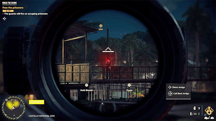 Dobrym pomysłem jest dotarcie na dachy lub górne balkoniki na terenie zoo po to żeby wykonać rekonesans okolicy oraz żeby móc zacząć po cichu pozbywać się tutejszych żołnierzy - starajcie się w pierwszej kolejności atakować pojedynczych wrogów - Far Cry 6: Zerwanie kajdan (Break the Chains) - solucja, opis przejścia - Far Cry 6 - poradnik do gry