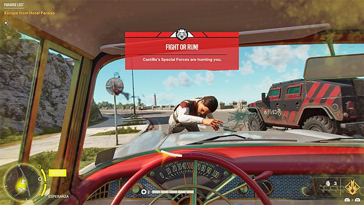 Operacja teoretycznie zakończy się po wyjechaniu z garażu, ale zadbajcie również o to żeby wydostać się z Esperanzy i zgubić pościg - Far Cry 6: Raj utracony (Paradise Lost) - solucja, opis przejścia - Far Cry 6 - poradnik do gry