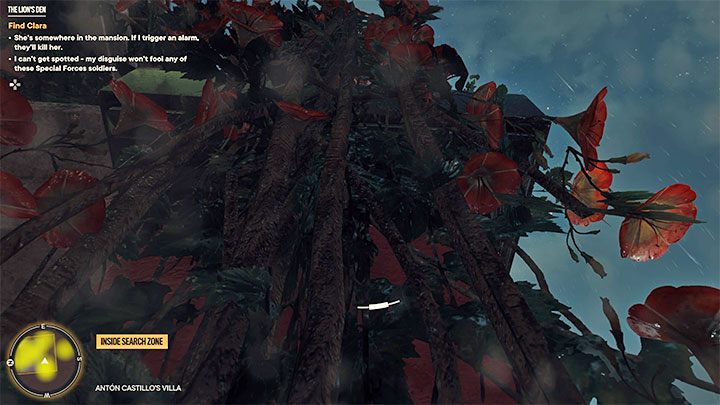 Zaczekajcie, aż wartownik patrolujący tę okolicę oddali się i wyruszcie w stronę lian pod balkonem - Far Cry 6: W jaskini lwa (The Lions Den) - solucja, opis przejścia - Far Cry 6 - poradnik do gry