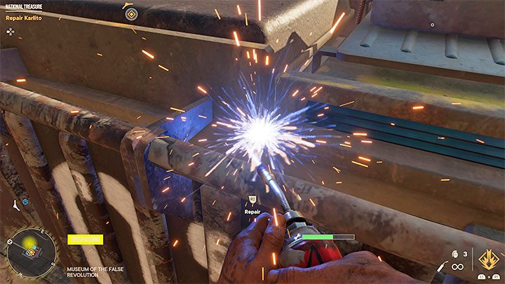 Po tym jak pozbędziecie się wszystkich żołnierzy podejdźcie do Karlita i wybierzcie zestaw naprawczy z inwentarza żeby z pomocą tego gadżetu przywrócić czołg do pełni sprawności - Far Cry 6: Skarb narodu (National Treasure) - solucja, opis przejścia - Far Cry 6 - poradnik do gry