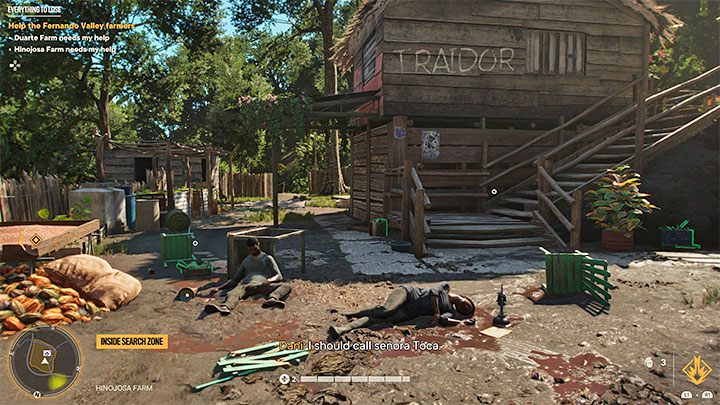 Na farmie z punktu 3 na mapie (Hinojosa Farm) wystarczy dokonać odkrycia, że żołnierze zamordowali wszystkich jej mieszkańców - Far Cry 6: Wszystko do stracenia (Everything to Lose) - solucja, opis przejścia - Far Cry 6 - poradnik do gry