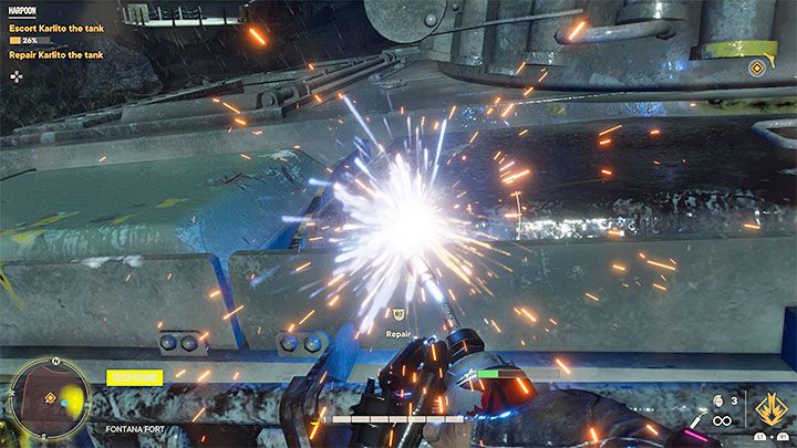 Pasek zdrowia czołgu jest widoczny w lewym górnym rogu ekranu, ale nie musi on Wam wystarczyć na całą bitwę - Far Cry 6: Harpun (Harpoon) - solucja, opis przejścia - Far Cry 6 - poradnik do gry