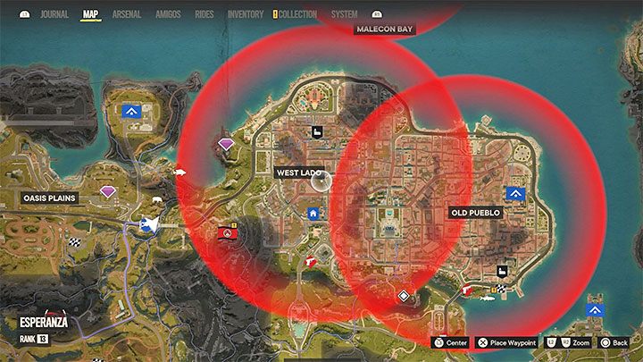 Dzięki najeżdżaniu na ikony unikalnych lokacji w stolicy możecie podświetlać podgląd działek przeciwlotniczych z Esperanzy oraz ich zasięgu - Far Cry 6: Esperanza - czy można nad nią latać? - Far Cry 6 - poradnik do gry