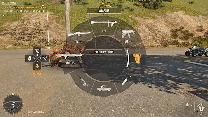W grze obecne jest nieco inne ograniczenie - w danym momencie możecie mieć w gotowości 3 główne bronie i 1 podręczną i najłatwiej wybiera się je z koła broni (przykładowe na powyższym obrazku) - Far Cry 6: Inwentarz - jak powiększyć? - Far Cry 6 - poradnik do gry
