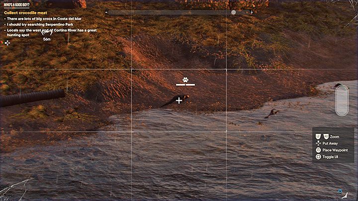 Po dotarciu na miejsce najlepiej jest wykonać zwiad z dużej odległości po to żeby rozejrzeć się na spokojnie za jakimś krokodylem i go oznaczyć (otagować) - Far Cry 6: Kto jest dobrym pieskiem (Whos a Good Boy) - solucja, opis przejścia - Far Cry 6 - poradnik do gry