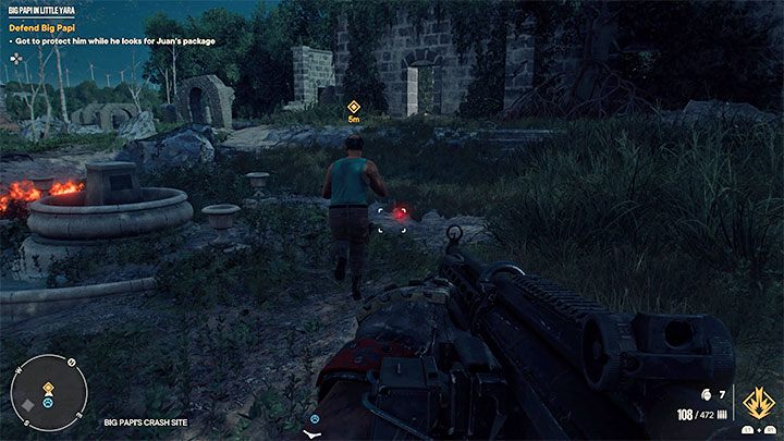 Big Papi co jakiś czas będzie przemieszczał się do innej części ruin żeby poszukać tam paczki dla Juana - Far Cry 6: Wielki Papi w małej Yarze (Big Papi in Little Yara) - solucja - Far Cry 6 - poradnik do gry