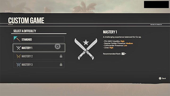 2) Wybór poziomu trudności - Początkowo dostępny jest tylko standardowy poziom trudności, ale możecie odblokowywać po kolei wyższe poziomy trudności nazywane poziomami mistrzostwa - Far Cry 6: Operacje specjalne - Far Cry 6 - poradnik do gry