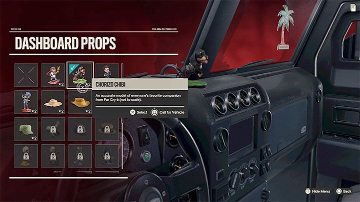 Po zakupieniu odpłatnej nagrody lub odebraniu darmowej musicie ją dodatkowo znaleźć w odpowiednim menu w grze - w przykładzie z powyższego obrazka zakupiona miniaturka Chorizo znajdzie się w menu ozdób bryki umieszczanych na desce rozdzielczej - Ubisoft Connect i Ubisoft Rewards - Far Cry 6 - poradnik do gry