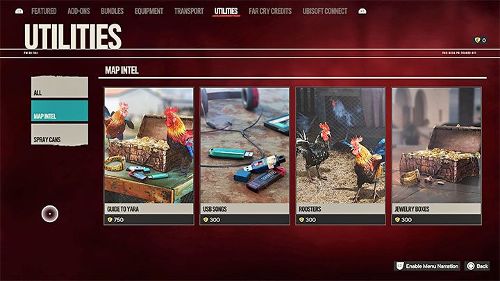 6) Utilities - Zakładka ta zawiera przedmioty użytkowe, którymi są przede wszystkim mapy sekretów i znajdziek - kogutów, nośników USB oraz skrzynek z kosztownościami - Far Cry 6: Mikrotransakcje - Far Cry 6 - poradnik do gry