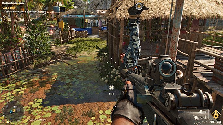 Odszukajcie na terenie obozu wiszącą do góry nogami Talię i przytrzymajcie przycisk interakcji żeby doprowadzić do jej oswobodzenia i załączenia cut-scenki, w trakcie której spotkacie innych rebeliantów z obozu - Far Cry 6: Poznaj Maximas Matanzas - solucja, opis przejścia - Far Cry 6 - poradnik do gry