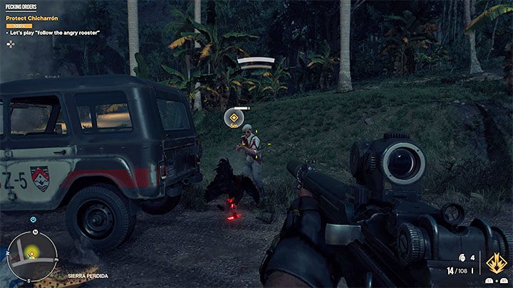 Otrzymacie podobne zadanie ochranianie Chicharrona, którego pasek zdrowia będzie wyświetlany w lewym górnym rogu ekranu - nie może on spaść do 0%, bo kogut wtedy zginie i misja zostanie zawalona - Far Cry 6: Porządek dziobania (Pecking Order) - solucja, opis przejścia - Far Cry 6 - poradnik do gry