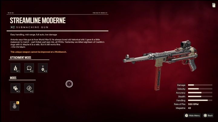 Cechy specjalne: Optymalne Moderne to pistolet maszynowy, który od startu posiada takie modyfikacje jak - Far Cry 6: Pistolety maszynowe, Unikalne bronie - lista - Far Cry 6 - poradnik do gry
