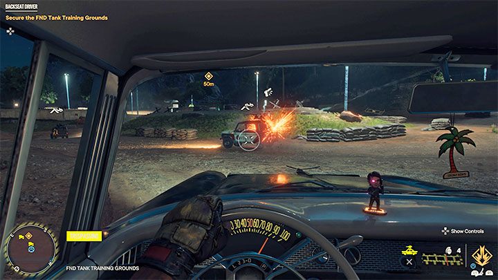 Plan działanie zakłada skorzystanie z bryki, która dzięki zamontowanym działkom pozwala na prowadzenie ostrzału bez przerywania jazdy - Far Cry 6: Z tylnego siedzenia (Backseat Driver) - solucja, opis przejścia - Far Cry 6 - poradnik do gry