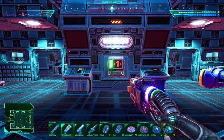 W tej i każdej kolejnej lokacji musicie po zniszczeniu węzłów komputerowych odczytać cyfrę z jednego z ekranów (przykład losowej cyfry na obrazku) - System Shock Remake: Uruchomienie procedury autodestrukcji reaktora - opis zagadki - System Shock Remake - poradnik do gry