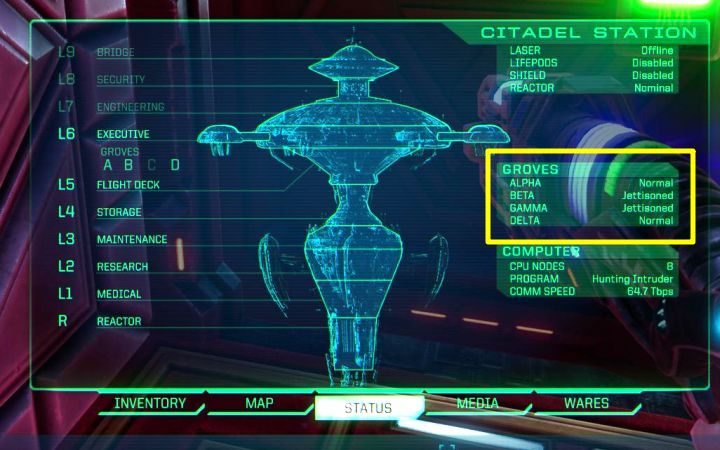 Gaj Beta powinien zostać poprawnie oddzielony od stacji i w zakładce Stan pokazującej informacje o Cytadeli będzie miał status wystrzelonego - System Shock Remake: Wystrzelenie gaju Beta na Poziomie kierownictwa - opis zagadki - System Shock Remake - poradnik do gry