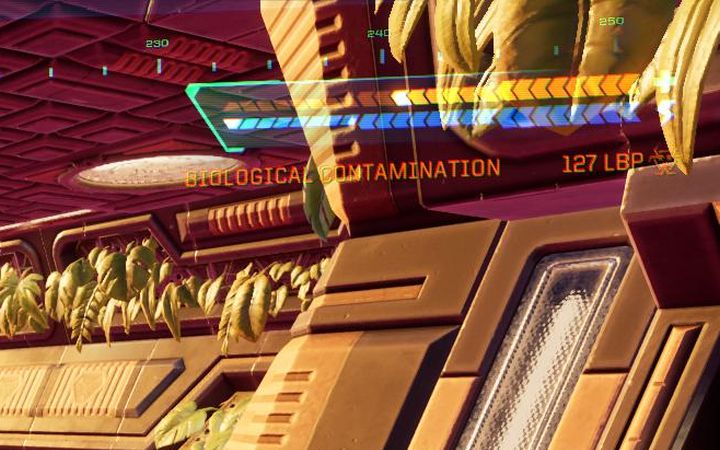 W Gaju Beta obowiązuje wysokie zanieczyszczenie biologiczne - informacje o skażeniu organizmu bohatera pojawi się po wyjściu z wagonika kolejki w prawym górnym rogu ekranu - System Shock Remake: Wystrzelenie gaju Beta na Poziomie kierownictwa - opis zagadki - System Shock Remake - poradnik do gry
