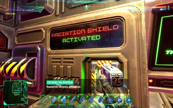 Możecie już pociągnąć za dźwignię, żeby włączyć osłonę przed promieniowaniem - powinien wyświetlić się komunikat Radiation Shield Activated - System Shock Remake: Izotop X-22 - opis zagadki - System Shock Remake - poradnik do gry
