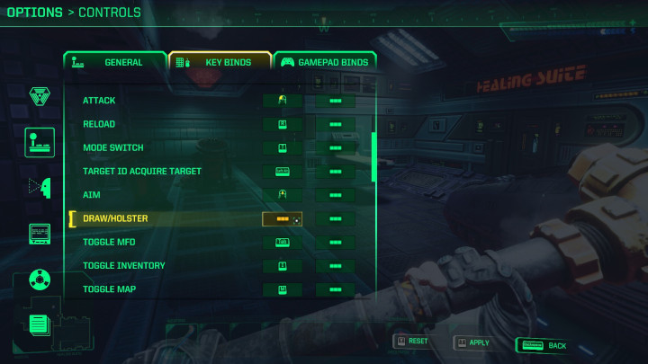 Nową funkcjonalność przypiszecie klikając w zieloną ramkę obok opcji Wyjmij/Schowaj, a następnie klikając klawisz, który będzie ją wywoływał - System Shock Remake: Jak schować broń? - System Shock Remake - poradnik do gry