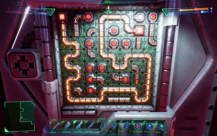 Przykładowe poprawne rozwiązanie zagadki widzicie na dołączonym obrazku - zostało utworzone połączenie pomiędzy 2 czerwonymi kwadratowymi punktami - System Shock Remake: Zagadki - skrzynki przyłączeniowe - System Shock Remake - poradnik do gry