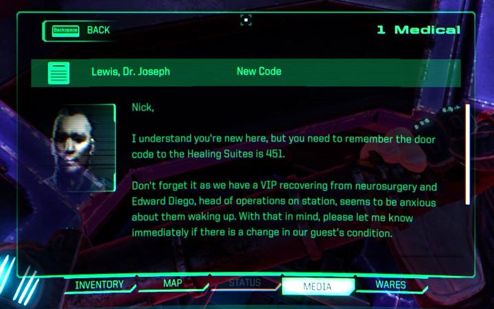 W południowym pomieszczeniu znajdziecie pendrive z zapisaną wiadomością tekstową Nowy kod - System Shock Remake: Czy kod 0451 działa na pierwszych drzwiach? - System Shock Remake - poradnik do gry