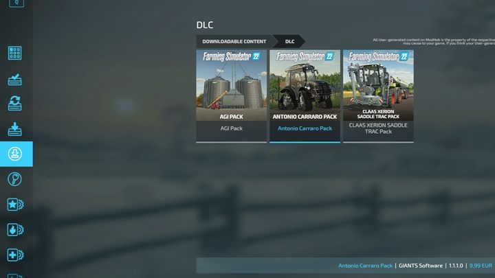 Czwarta pozycja menu umożliwia przeszukiwanie zawartości DLC (tak darmowej jak i płatnej) oferowanej przez GIANTS Software - Farming Simulator 22: Rozszerzenia DLC - Farming Simulator 22 - poradnik do gry
