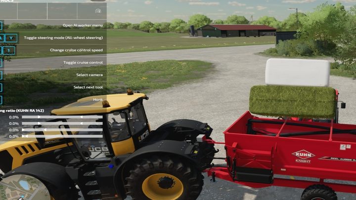 Przyczepę bądź pojazd musicie zapełnić sianem i sieczką w odpowiednich proporcjach, co wyświetla ramka po lewej stronie, gdy zbliżycie się do maszyny - Farming Simulator 22: Krowy - hodowla, porady - Farming Simulator 22 - poradnik do gry