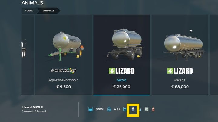 Zakupując cysternę na mleko miejcie na uwadze, że nie wszystkie nadają się do jego transportu - tylko te, które posiadają niebieską ikonę butelki - Farming Simulator 22: Krowy - hodowla, porady - Farming Simulator 22 - poradnik do gry