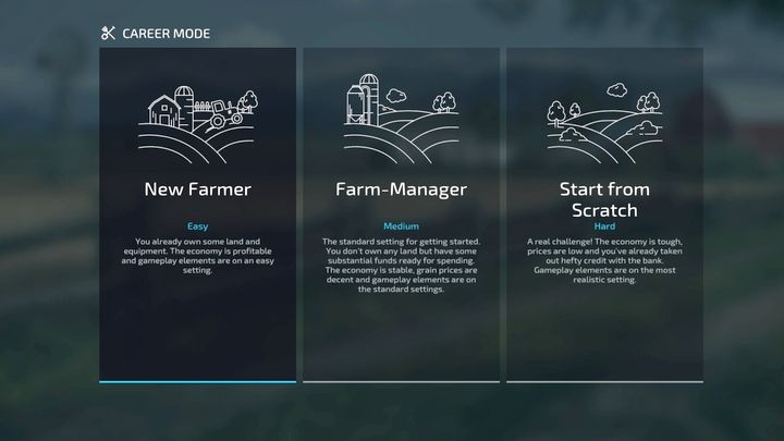 Farming Simulator 22 posiada 3 poziomy trudności: Nowy Rolnik (łatwy), Kierownik gospodarstwa (średni) i Zacznij od zera (trudny) wybierane na początku rozgrywki - Farming Simulator 22: Poziom trudności - porównanie, który wybrać? - Farming Simulator 22 - poradnik do gry