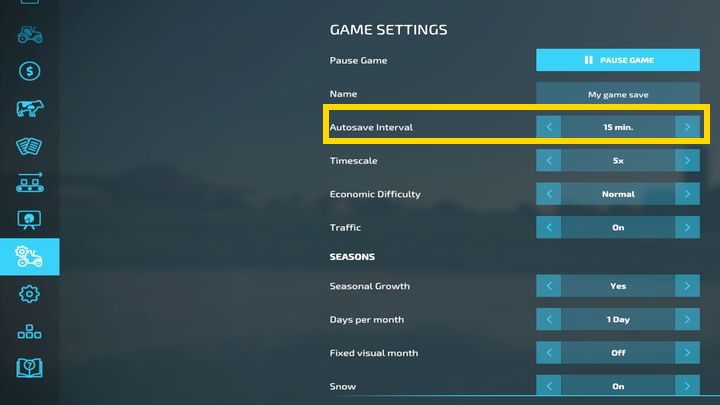 W opcjach gry możecie zmienić opcję interwału pomiędzy zapisami automatycznymi - Farming Simulator 22: Wyjście z gry i zapis - Farming Simulator 22 - poradnik do gry