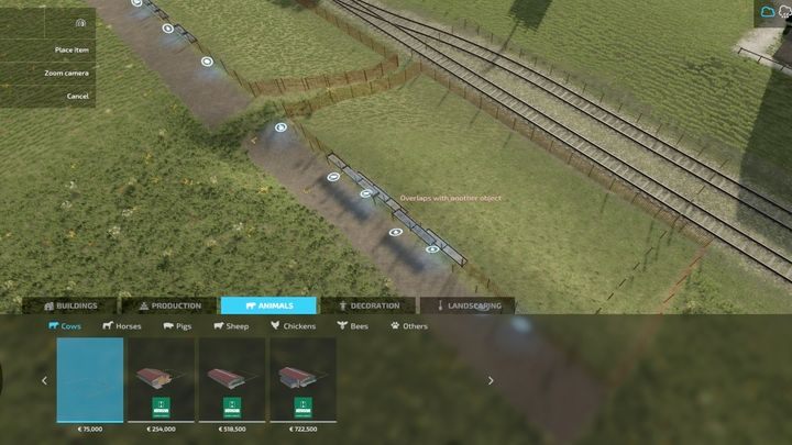 Budynki możecie umieszczać tylko na własnej działce, nie mogą kolidować z polem ani innymi obiektami oraz muszą być umieszczone na płaszczyźnie lub niewielkim skosie - dodatkowe koszty równania terenu zostaną doliczone do zakupu - Farming Simulator 22: Pastwiska, zagrody - jak budować? - Farming Simulator 22 - poradnik do gry