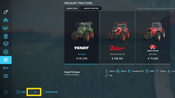 Aby sprzedać pojazd, otwórzcie panel zakupów i wybierzcie 3 zakładkę od końca, z ikoną garażu - Farming Simulator 22: Handel, naprawa i modyfikacje - Farming Simulator 22 - poradnik do gry